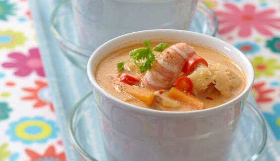 Suppe med sjøkreps, torsk og kveite