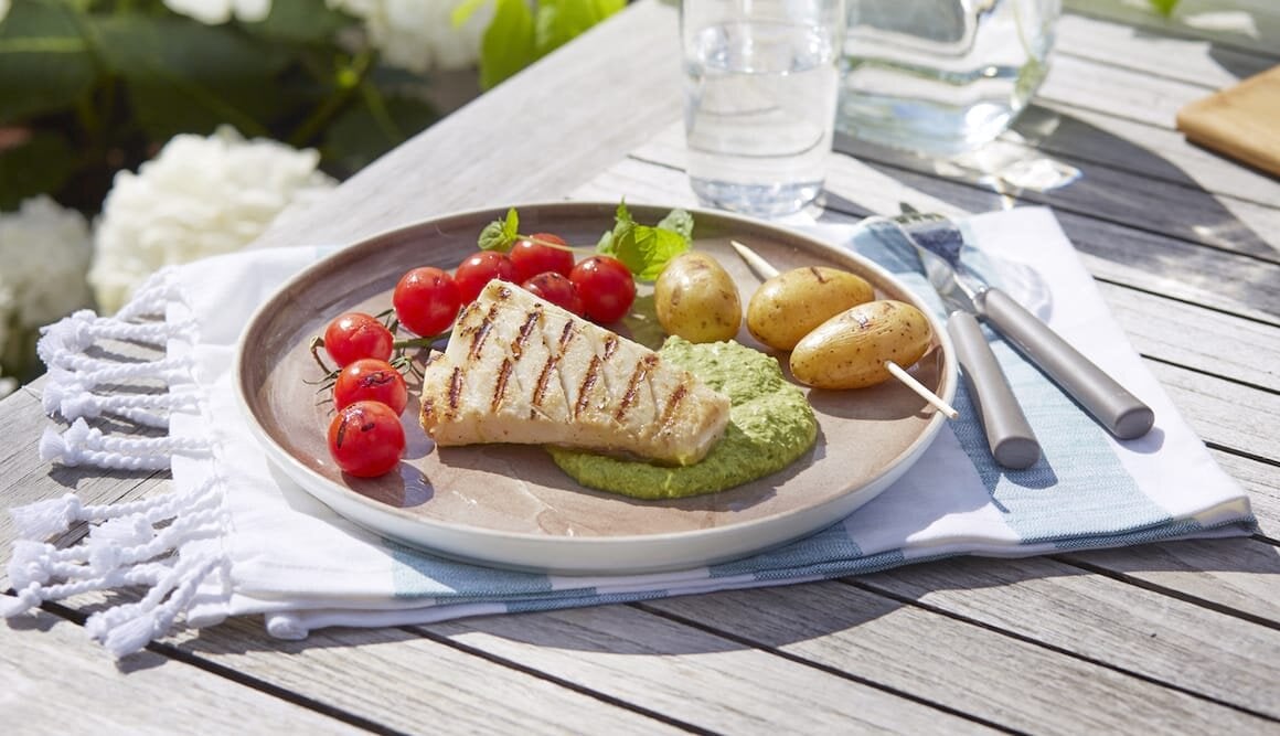 Grillet klippfisk med erterpuré