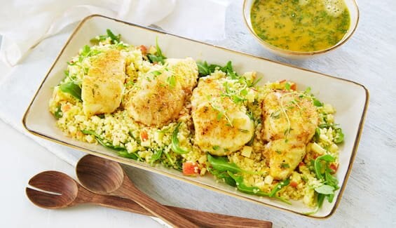 Torsk med ciderkokt byggris og lun appelsinsaus