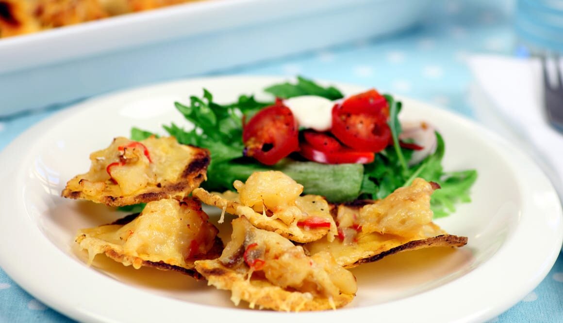 Gratinerte nachos med klippfisk