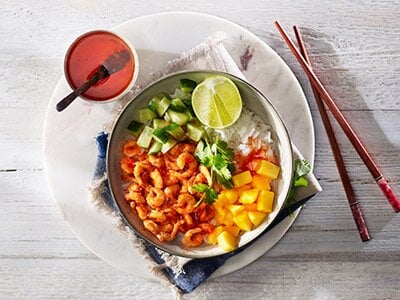 Reker i airfryer med ris og mango