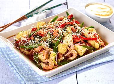 Wok med reker og rekemajones