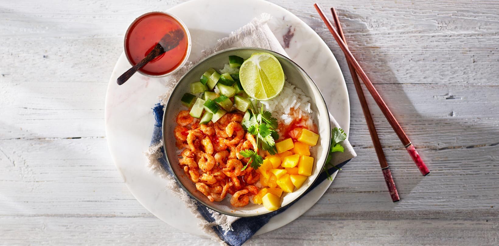 Reker i airfryer med ris og mango