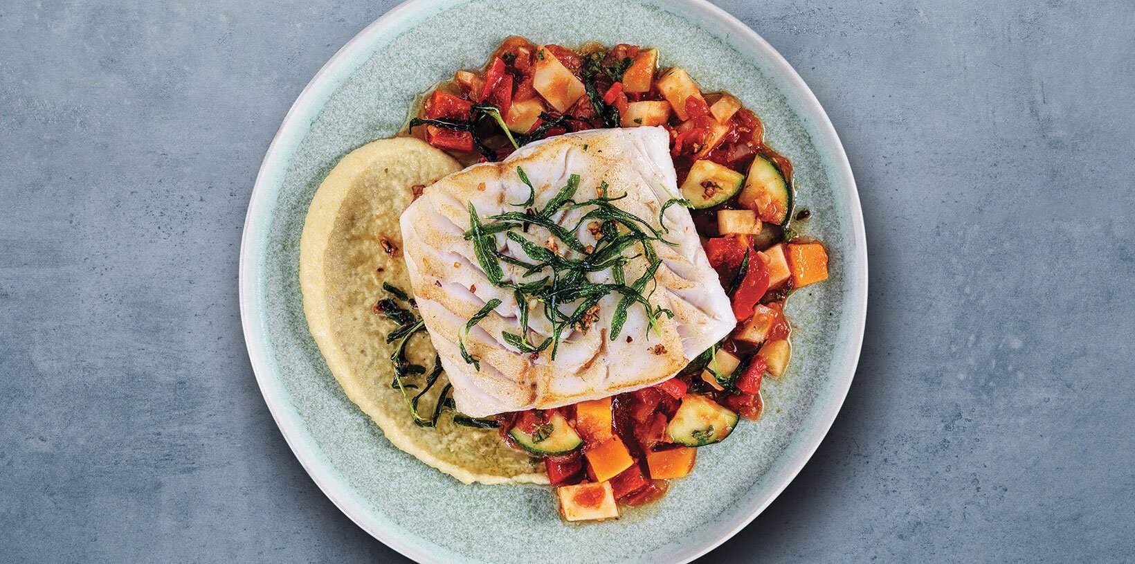 Skrei med polenta og ratatouille